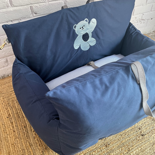 PoochMate OAK 3.0 :  Travel Dog Bed Blue with Bear Embroidery Medium