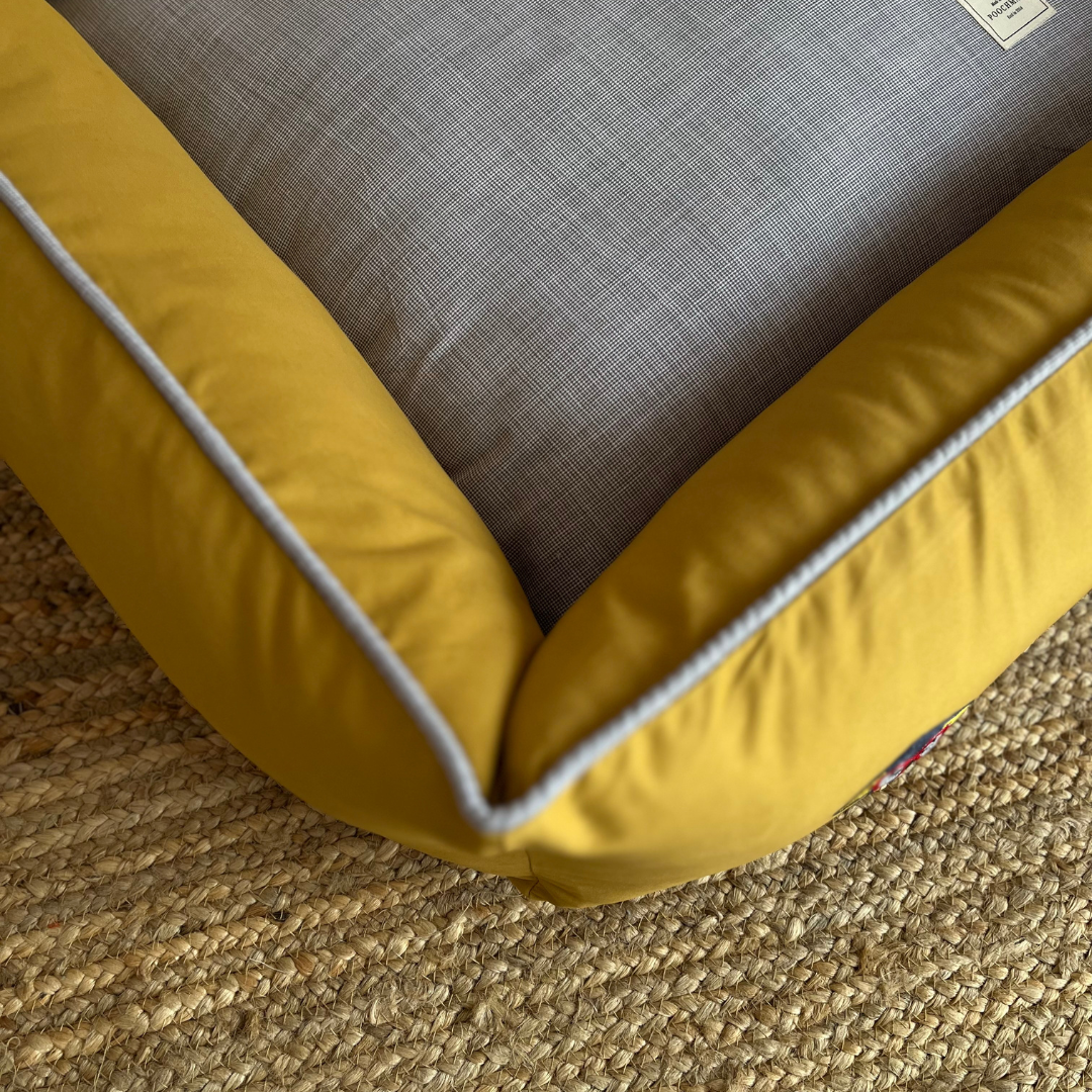 PoochMate OAK 3.0 : Nerdy Doggies Mustard & Grey Bolster Dog Bed : Small