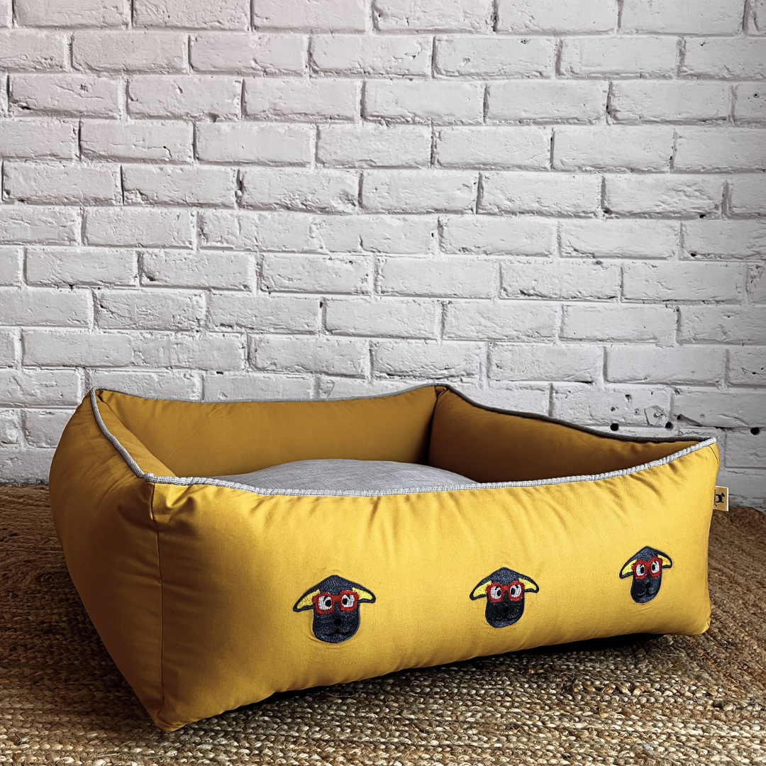 PoochMate OAK 3.0 : Nerdy Doggies Mustard & Grey Bolster Dog Bed : Small