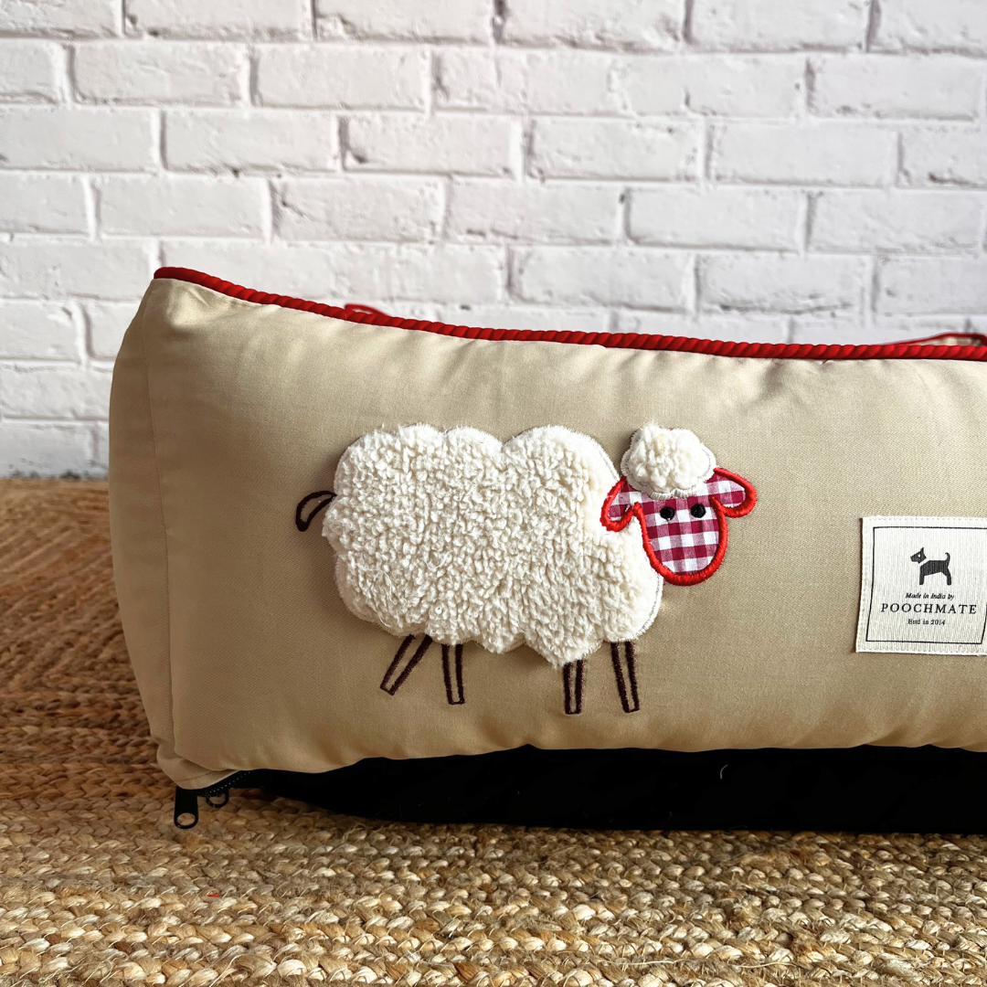 PoochMate OAK 3.0 : Sheep Applique Beige & Red Bolster Dog Bed : Small
