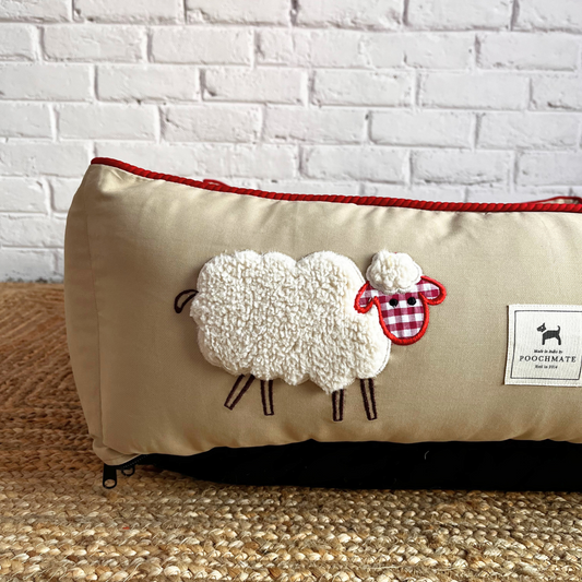 PoochMate OAK 3.0 :  Sheep Applique Beige & Red Bolster Dog Bed : Small