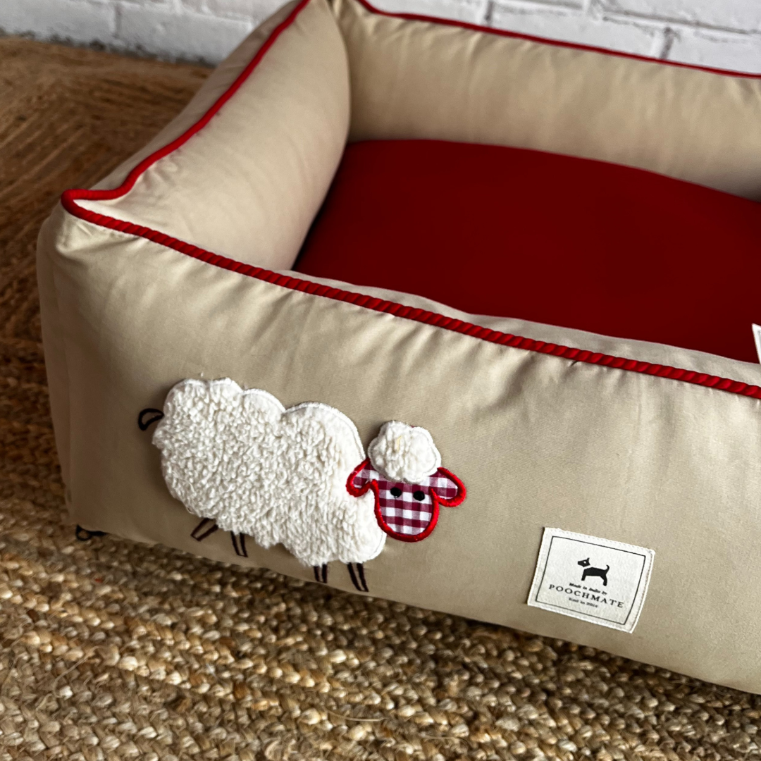 PoochMate OAK 3.0 : Sheep Applique Beige & Red Bolster Dog Bed : Small