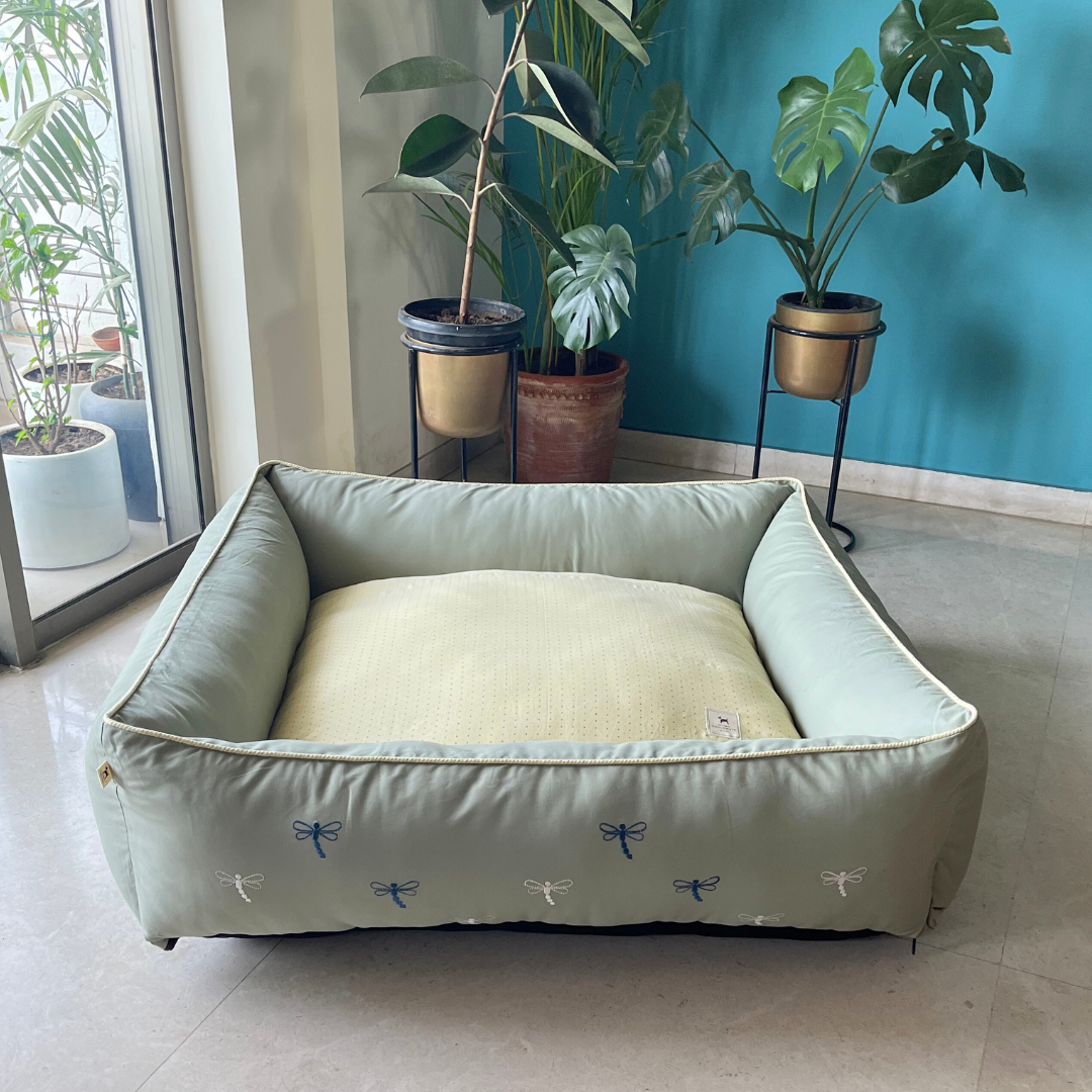 PoochMate OAK 3.0 : Sage & Yellow Bolster Dog Bed with Dragonflies : Large