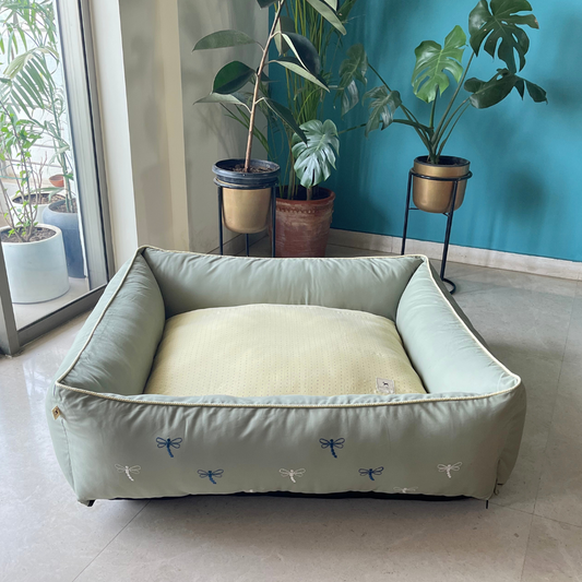 PoochMate OAK 3.0 :  Sage & Yellow Bolster Dog Bed with Dragonflies : Large