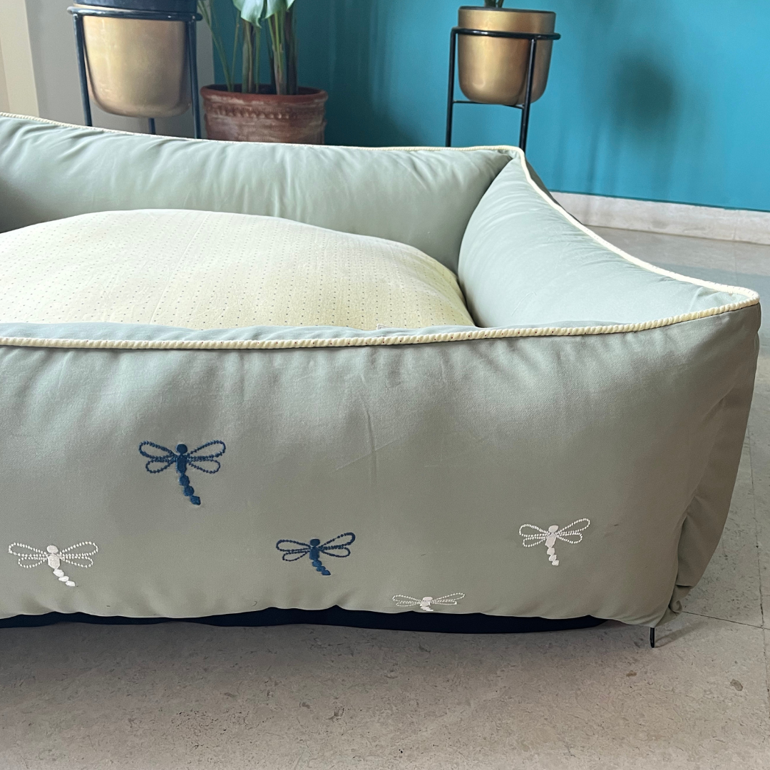 PoochMate OAK 3.0 : Sage & Yellow Bolster Dog Bed with Dragonflies : Large