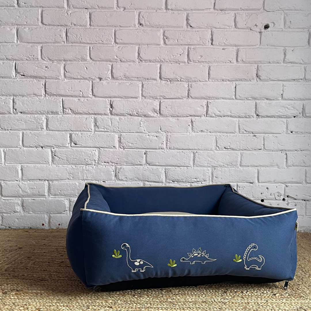 PoochMate OAK 3.0 : Little Dinos Blue & Beige Bolster Dog Bed : Small
