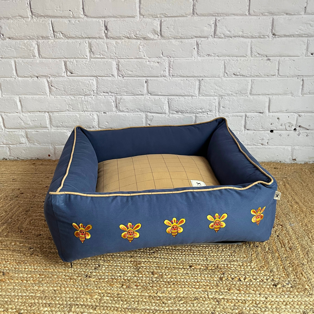 PoochMate OAK 3.0 : Honeybees Blue & Oxford Bolster Dog Bed : Small