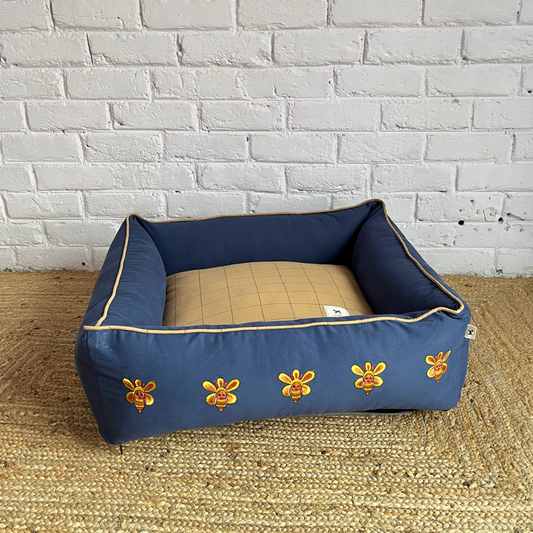 PoochMate OAK 3.0 : Honeybees Blue & Oxford Bolster Dog Bed : Small