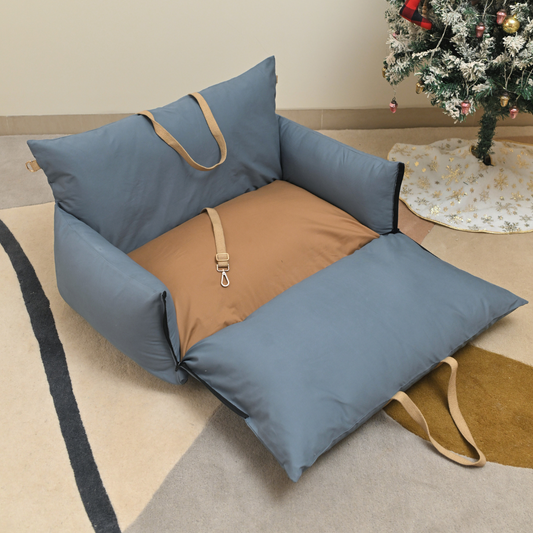 OAK BOHO Holiday Travel Bed for Small Dogs : Stone Blue & Sand