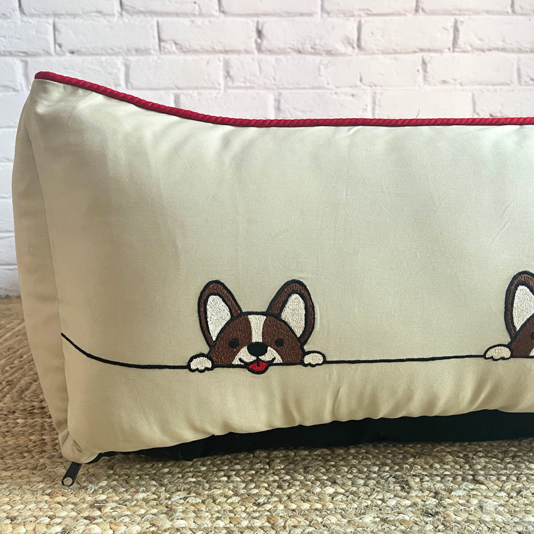PoochMate OAK 3.0 : Beige & Red Bolster Dog Bed with Peeping Dogs: Medium