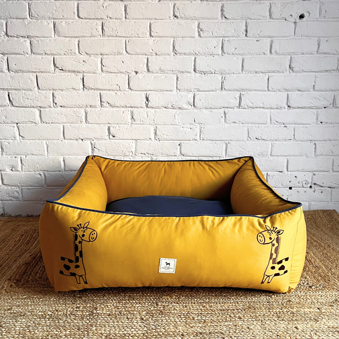 PoochMate OAK 3.0 : Majestic Giraffes Mustard & Blue Bolster Dog Bed : Medium