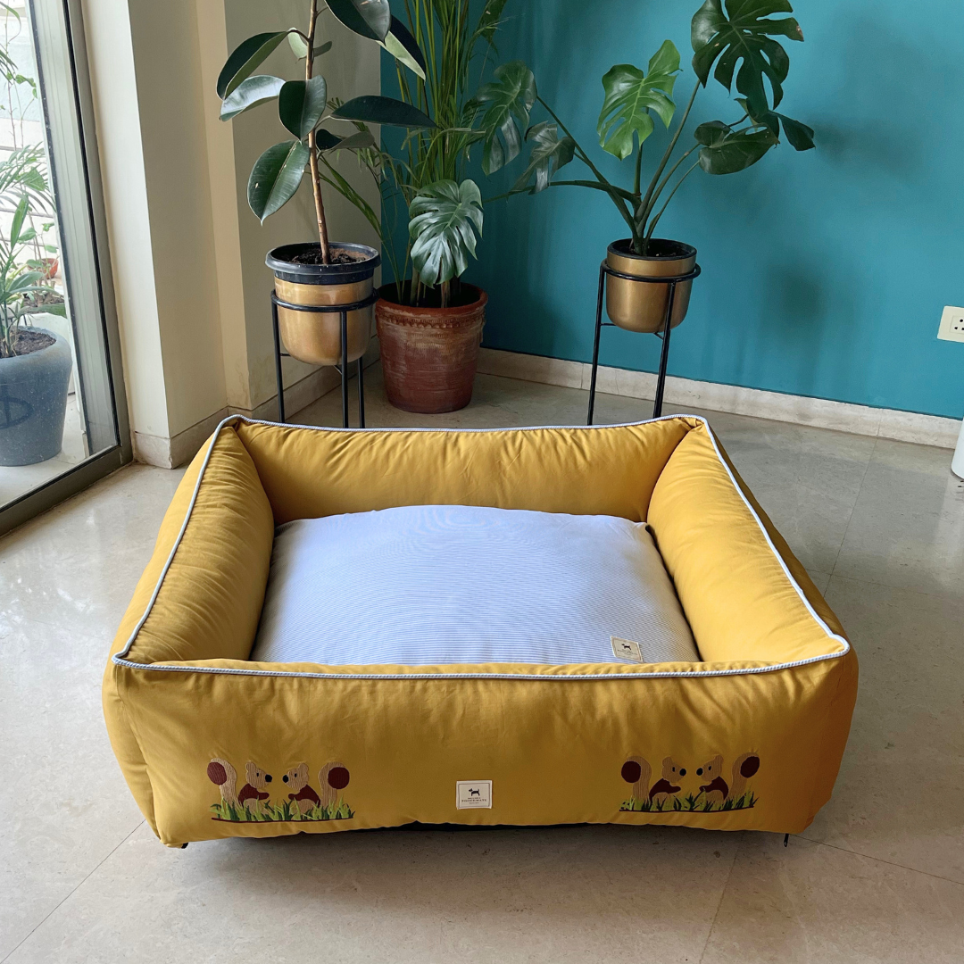 PoochMate OAK 3.0 : Mustard & Striped Blue Bolster Dog Bed with Squirrels : Large
