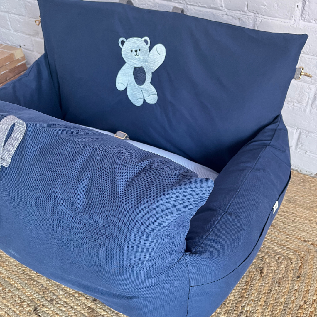 PoochMate OAK 3.0 :  Travel Dog Bed Blue with Bear Embroidery Medium