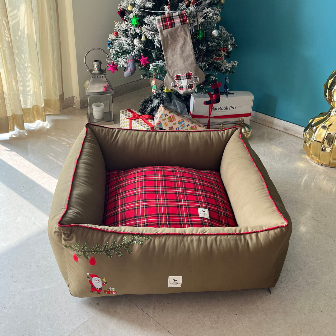 PoochMate Khaki & Red Tartan Christmas Dog Bed Cover