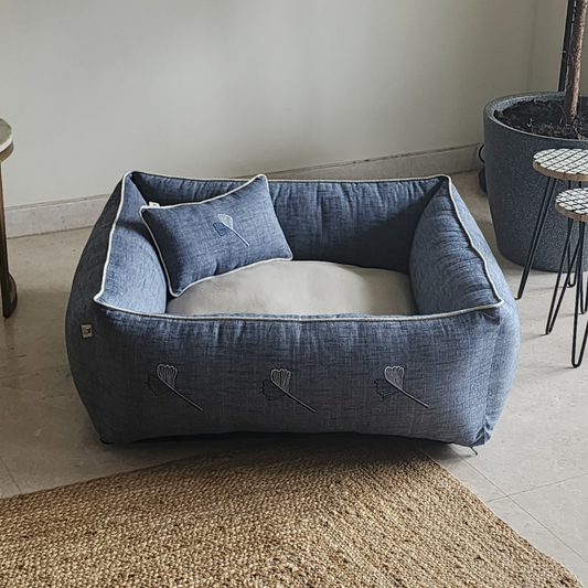 Blue Linen Dog Bed | Washable Dog beds Online India
