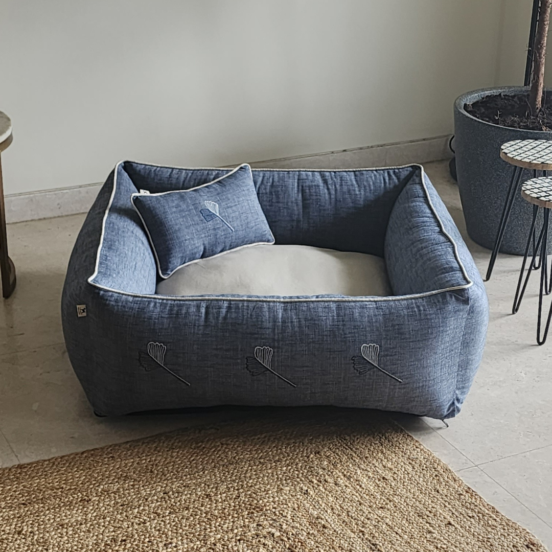 PoochMate Navy Linen Ginkgo Dog Bed Cover
