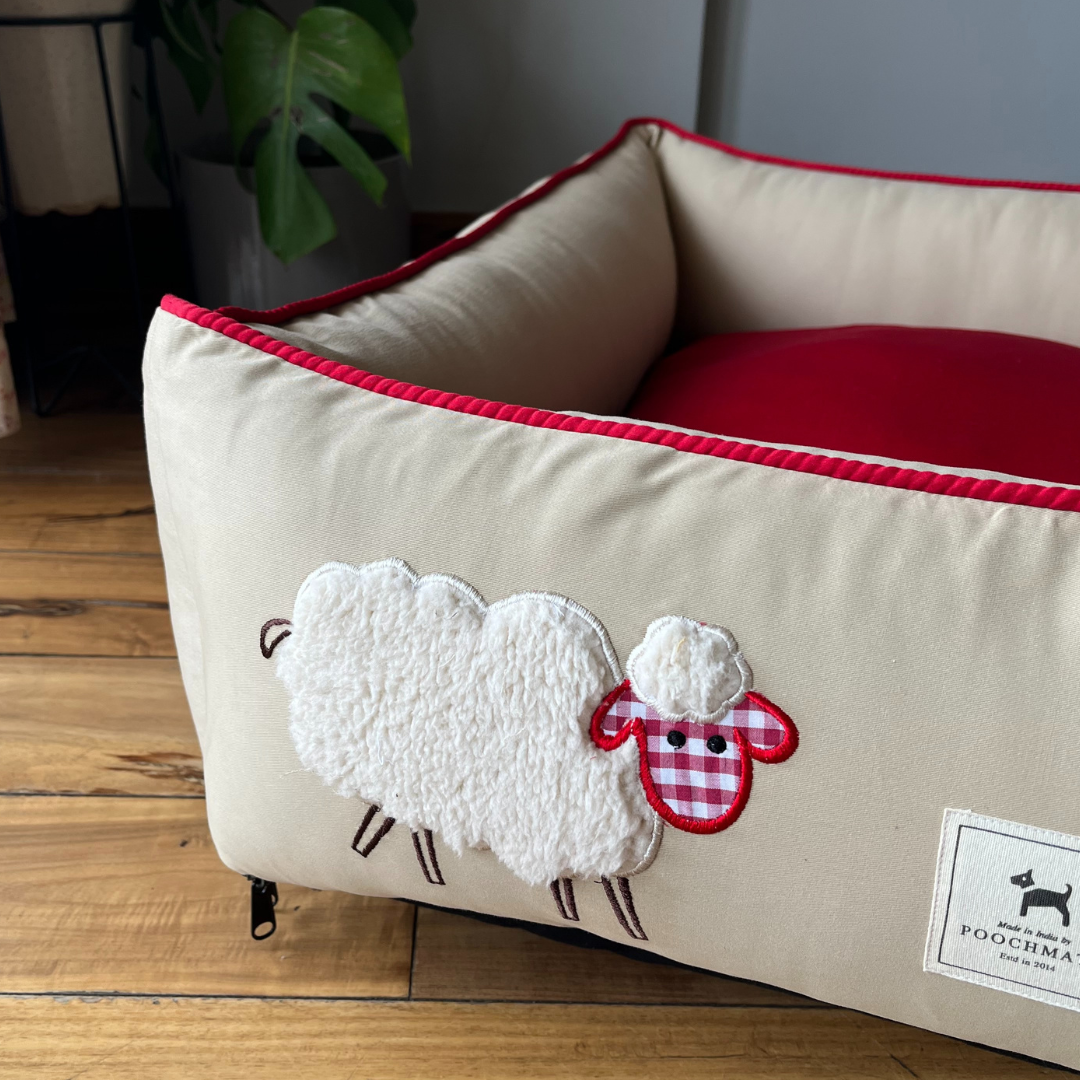 PoochMate OAK 3.0 :  Sheep Applique Beige & Red Bolster Dog Bed : Small
