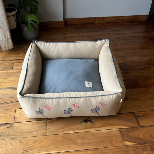 PoochMate OAK 3.0 :  Bees & Ginkgo Beige & Blue Dog Bed Small
