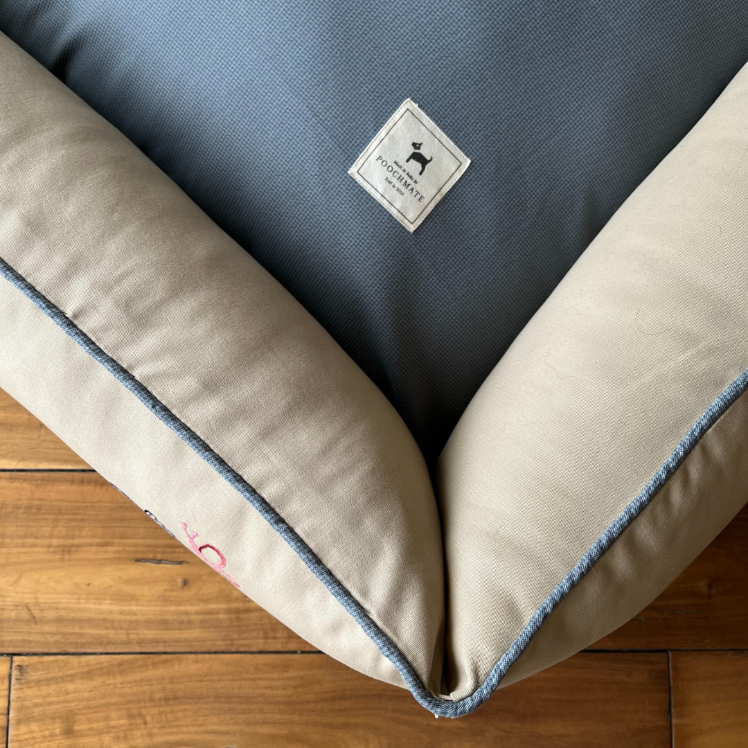 PoochMate OAK 3.0 :  Bees & Ginkgo Beige & Blue Dog Bed Small