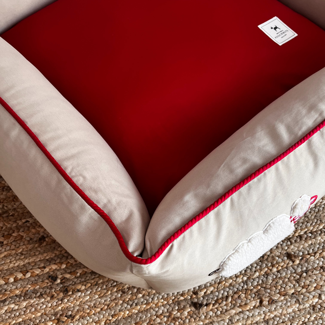 PoochMate OAK 3.0 :  Sheep Applique Beige & Red Bolster Dog Bed : Small