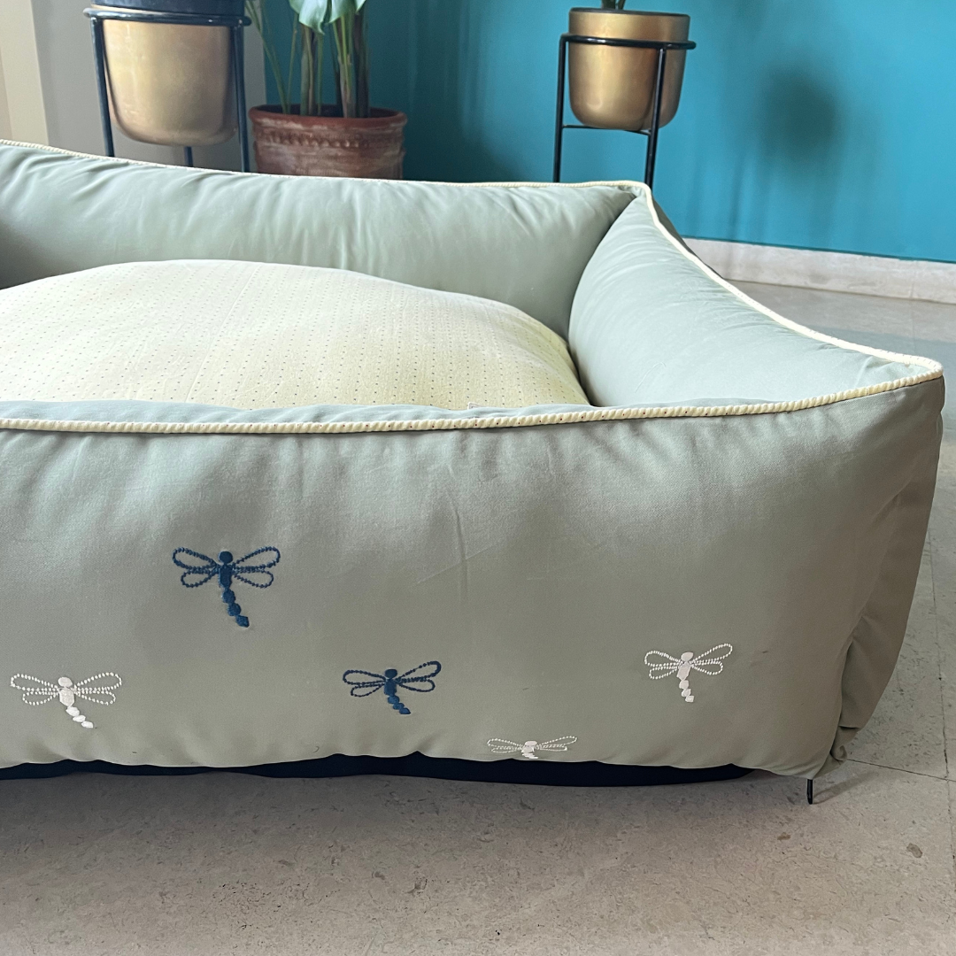 PoochMate OAK 3.0 :  Sage & Yellow Bolster Dog Bed with Dragonflies : Large
