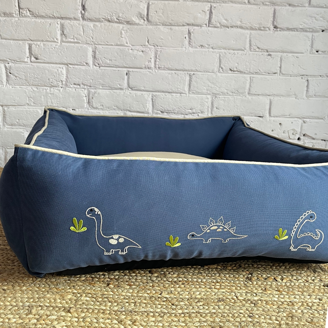 PoochMate OAK 3.0 :  Little Dinos Blue & Beige Bolster Dog Bed : Small
