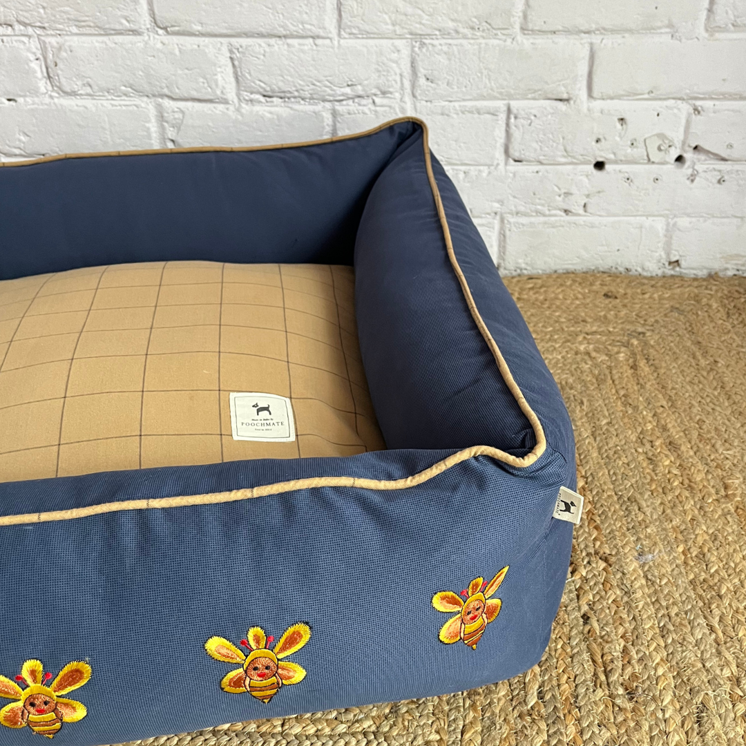 PoochMate OAK 3.0 : Honeybees Blue & Oxford Bolster Dog Bed : Small