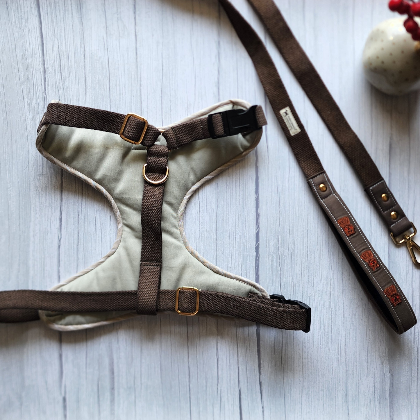 Cotton Dog Harness Leash Set PoochMate Olive Lion Dog Harness