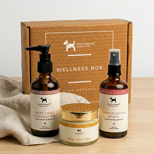 Soft coat wellness for dogs | Natural dog grooming supplies India | Dog massage Oil | Dog leave in Conditioner | Dog Paw Balm | PoochMate India
