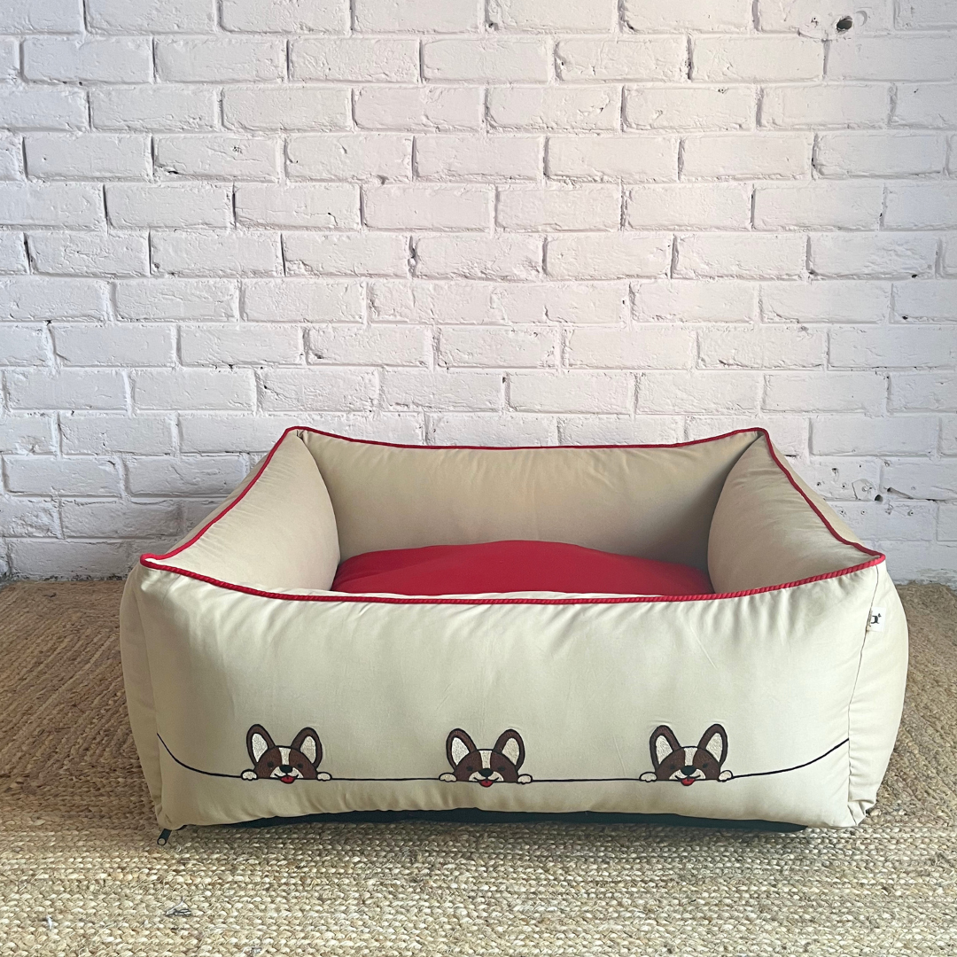 PoochMate OAK 3.0 :  Beige & Red Bolster Dog Bed with Peeping Dogs: Medium