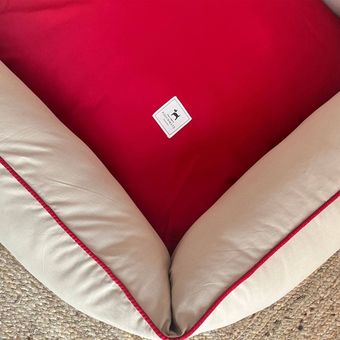 PoochMate OAK 3.0 :  Beige & Red Bolster Dog Bed with Peeping Dogs: Medium