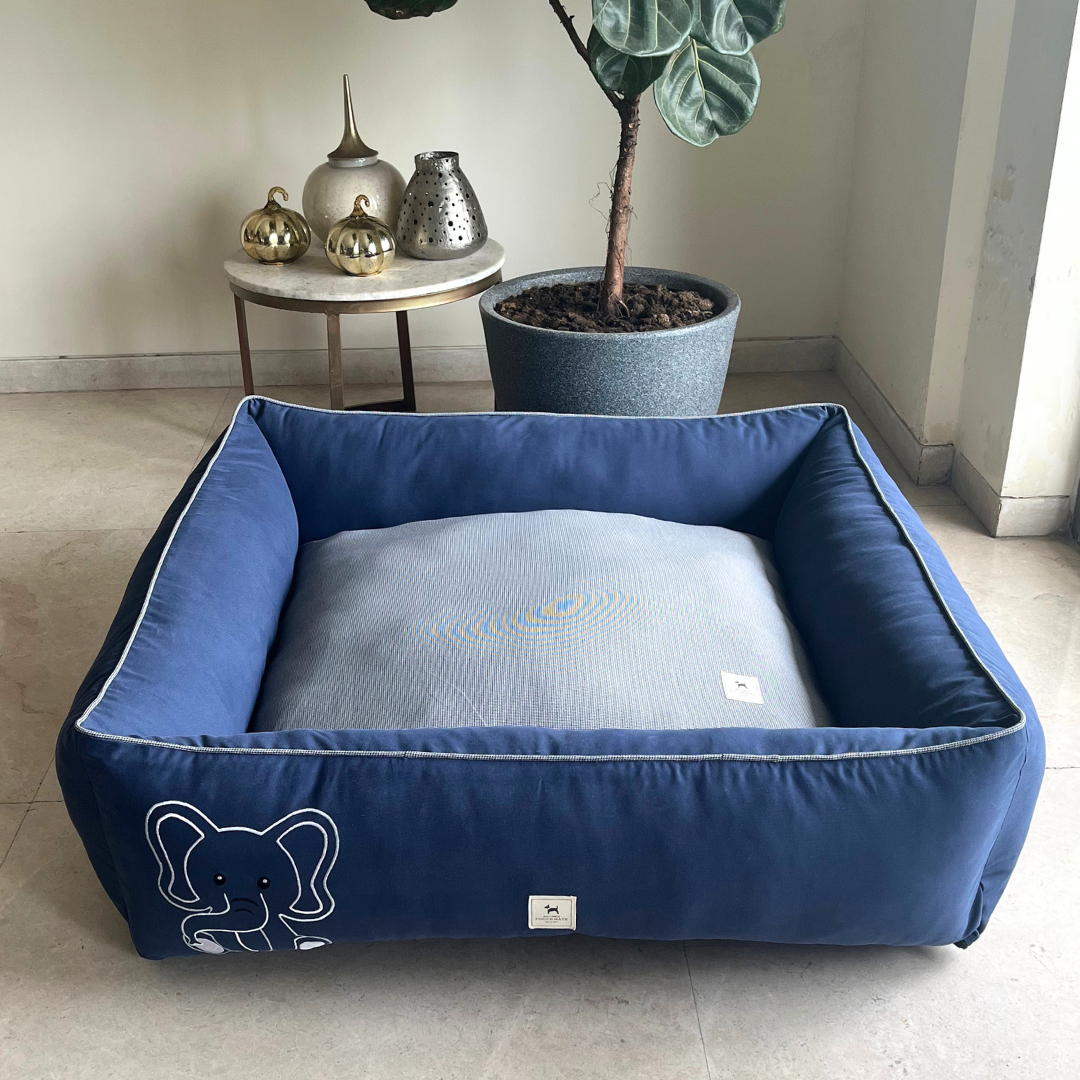 PoochMate OAK 3.0 :  Elephant Blue & Herringbone Dog Bed : Large