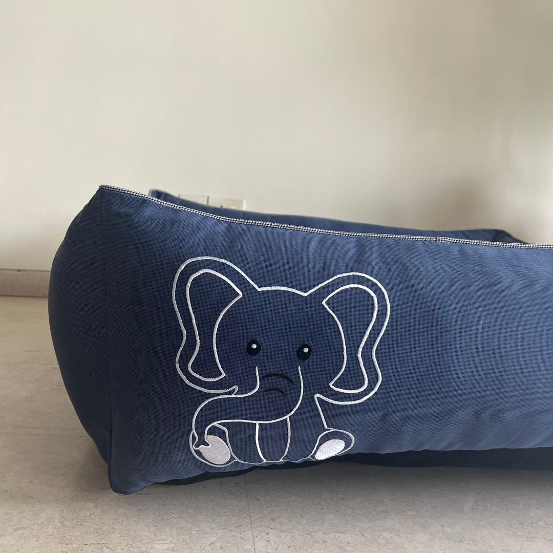 PoochMate OAK 3.0 :  Elephant Blue & Herringbone Dog Bed : Large