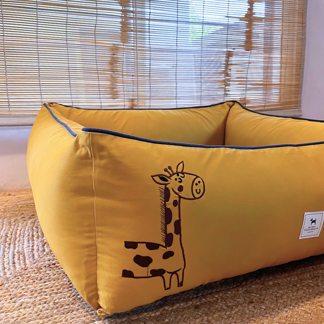 PoochMate OAK 3.0 : Majestic Giraffes Mustard & Blue Bolster Dog Bed : Medium
