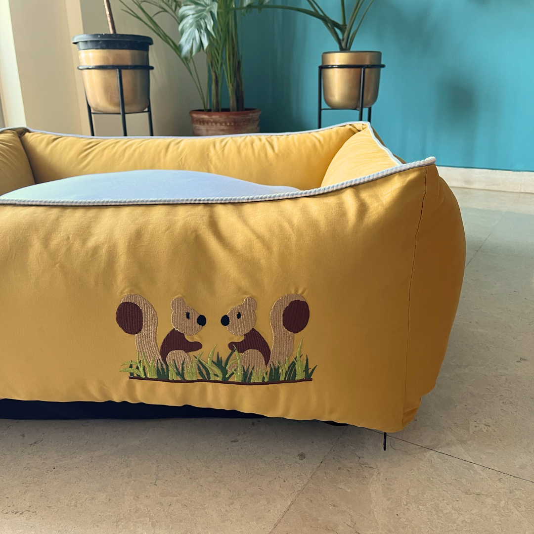 PoochMate OAK 3.0 :  Mustard & Striped Blue Bolster Dog Bed with Squirrels : Large
