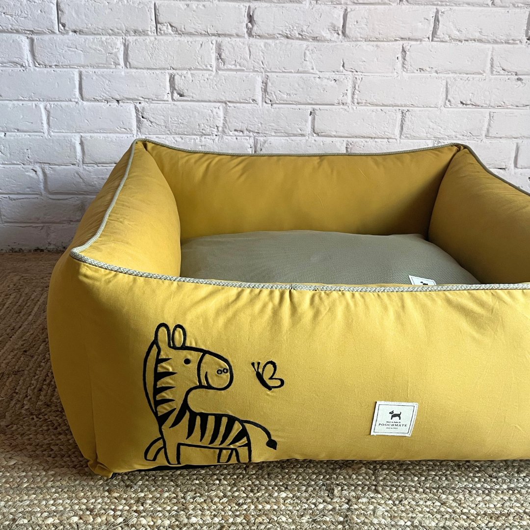 PoochMate OAK 3.0 :  Gazing Zebra Mustard & Sage Bolster Dog Bed : Medium