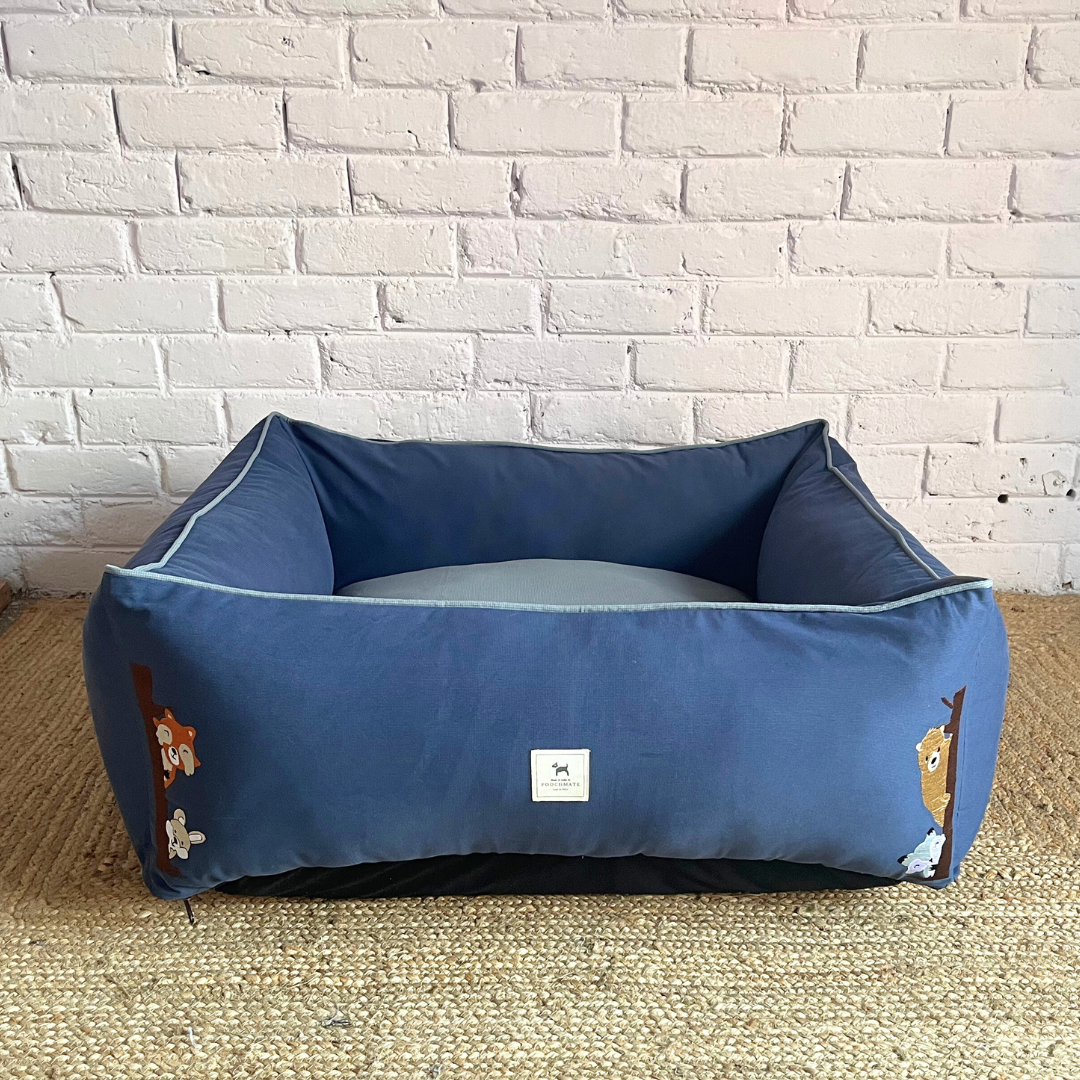 PoochMate OAK 3.0 :  Peeping Duo Blue & Grey Bolster Dog Bed : Medium