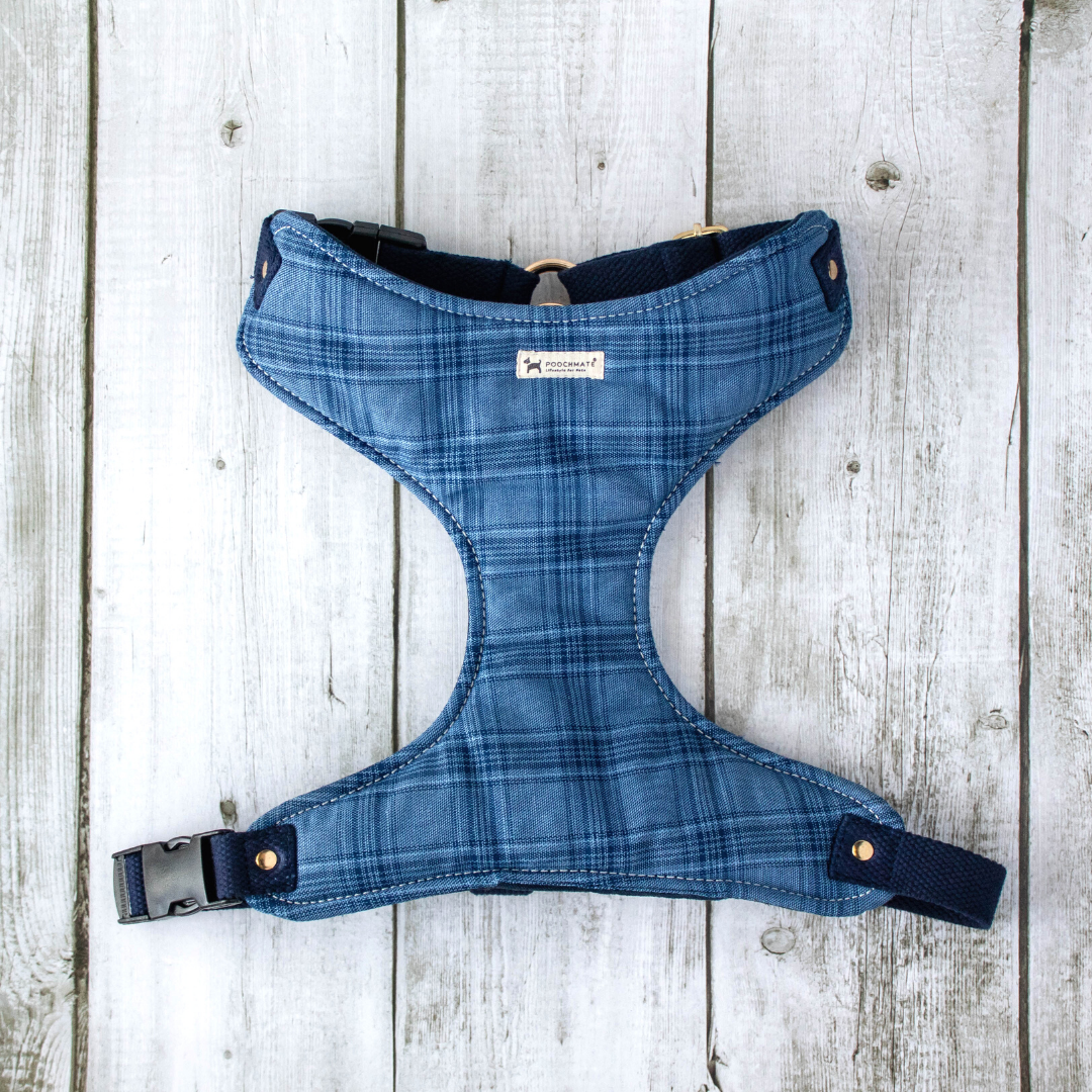 PoochMate Blue Checkered Cotton Dog Harness